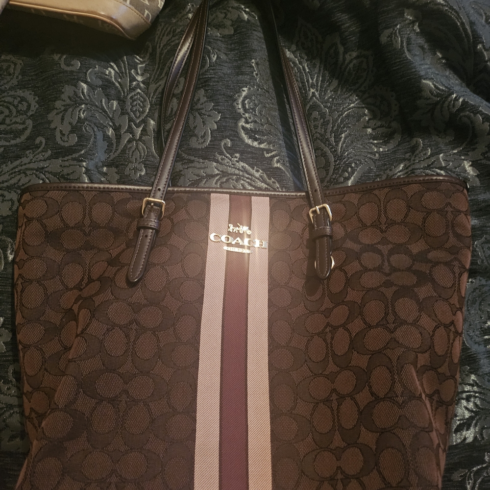 Coach Brown Monogram Tote with Leather Accents
